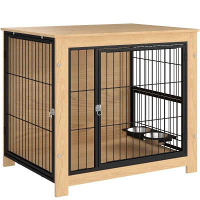 PawHut Jaula para Perros Mesa Auxiliar Moderna con 2 Puertas Soporte Giratorio con 2 Tazones 80x60x68 cm Roble