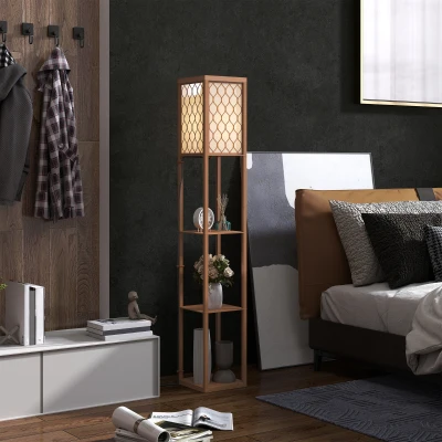 HOMCOM Floor Lamp with 4-Tier Wooden Shelves Natural White