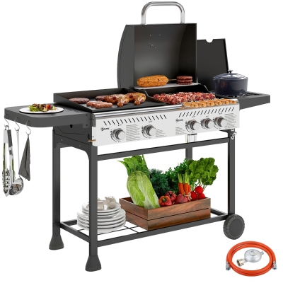 Outsunny Barbecue a Gas con Piastra e Fornello con Coperchio Nero