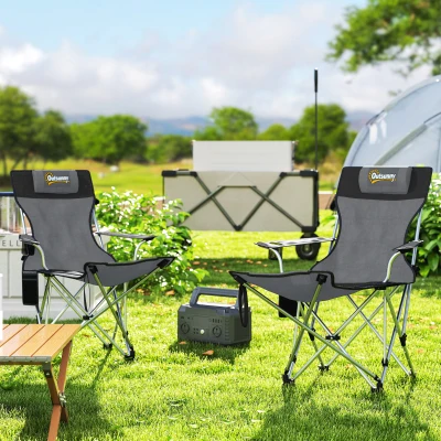 Outsunny Conjunto de 2 Sillas Plegables Camping con Reposapiés Desmontable Reposacabezas Portavasos y Bolsa 82x50/100x88 cm Gris