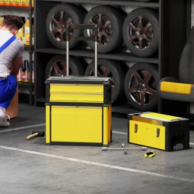 HOMCOM Caja de Herramientas con Ruedas Apilable Carro de Herramientas de Acero con Bandeja Mango Telescópico Amarillo y Negro