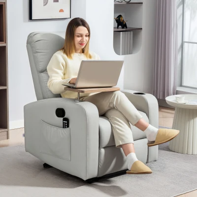 HOMCOM Poltrona de Massagem Poltrona Relax Elétrica com 4 Modos de Vibração Reclinação 145° Mesa 2 Bolsos Laterais 77x93x105 cm Cinza