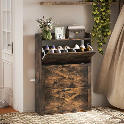 HOMCOM Zapatero Estrecho de 3 Cajones Abatibles para 24 Pares Diseño Rústico con Puertas de Granero 80x24x118 cm Marrón