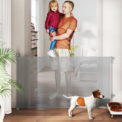 PawHut Barreira para Cães Retráctil 0-140 cm Porta para Cães Pequenos Extensível Barreira de Segurança para Animais de Estimação 146x9x86,5 cm Cinza