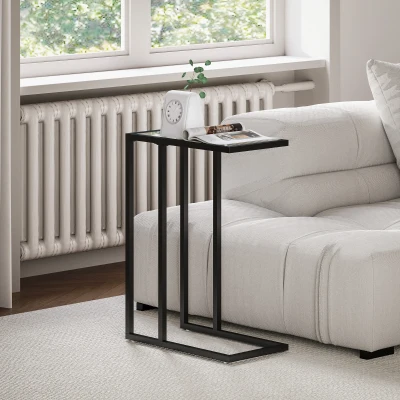 HOMCOM Table d'Appoint C Verre Trempé Cadre Acier Noir
