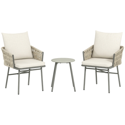 Outsunny Conjunto de Jardim de 3 Peças com 2 Cadeiras com Almofadas Removíveis e Laváveis e Mesa com Bancada de Metal Cinza e Creme