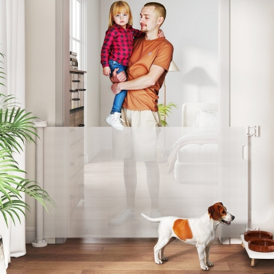 PawHut Barreira de Segurança para Cães Retrátil 0-136 cm  para Cães Pequenos com Botão de Fecho Branco