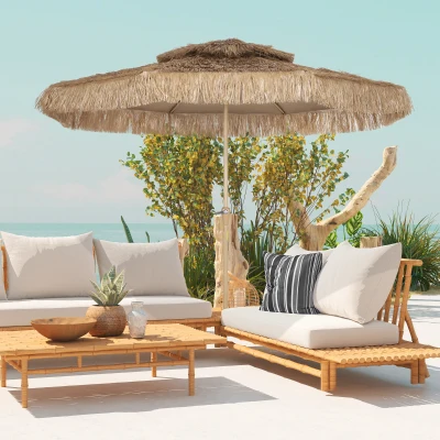 Outsunny Parasol Paille Ø294cm Métal UV Manivelle Jaune