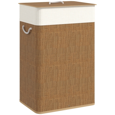 HOMCOM Cesto de Roupa com Tampa 72L Cesto de Roupa de Bambu com Bolsa Interior Removível e Alças 40x30x60 cm Madeira e Creme
