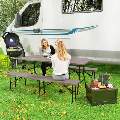Outsunny Conjunto de Campismo Dobrável de 3 Peças Inclui 1 Mesa 180x74x74 cm e 2 Bancos 182x28x42 cm Efeito Madeira Castanho