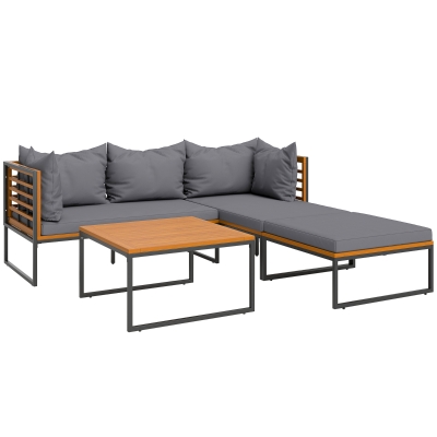 Outsunny Conjunto de Jardim de 4 Peças em Forma de L com 2 Sofás de 2 Lugares Sofá de Canto e Mesa de Centro  Cinza e Madeira