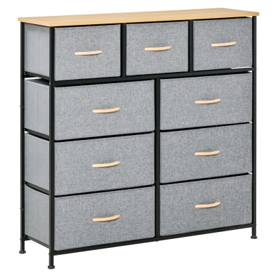 HOMCOM Commode 9 Tiroirs Tissu Pliant Chêne/Gris Acier Noir