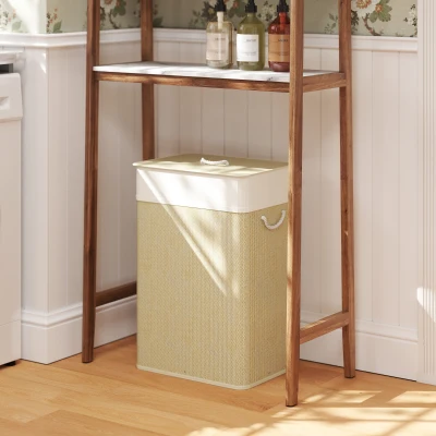 HOMCOM Cesto de Roupa com Tampa 72L Cesto de Roupa de Bambu com Bolsa Interior Removível e Alças 40x30x60 cm Bege e Creme