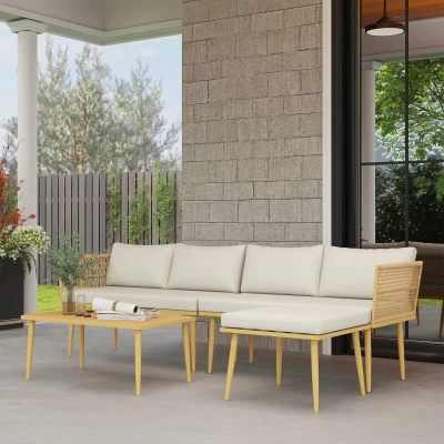 Outsunny Conjunto de Jardim de Vime Sintético de 4 Peças com 2 Sofás de 2 Lugares 1 Apoio para os Pés 1 Mesa de Centro Madeira e Creme