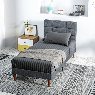 HOMCOM Upholstered Single Bed Frame with Slats - Grey