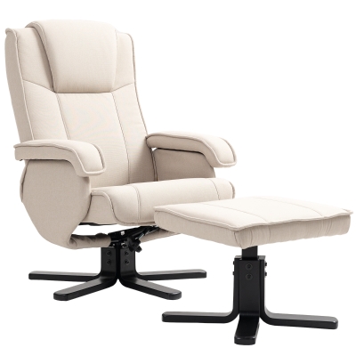HOMCOM Sillón Relax Reclinable con Reposapiés Giratoria Tapizado en Lino con Base de Madera Beige