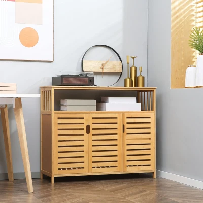 HOMCOM Aparador para Salón de Bambú con 3 Puertas Ranuradas Estantes para Comedor Cocina Entrada Natural 100x35x82 cm