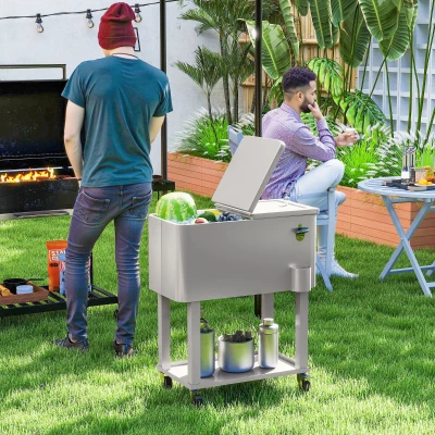 Outsunny Carro Nevera con Ruedas Abrebotellas y Estante 56L para Patio Fiesta Terraza 67x35x80 cm Gris Claro