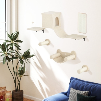 PawHut Conjunto de Prateleiras de Escalada para Gatos de 6 Peças com Placa para Arranhar e Poste de Sisal Bege