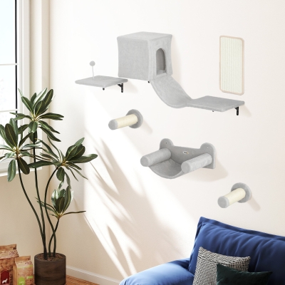 PawHut Conjunto de Prateleiras de Escalada para Gatos de 6 Peças com Placa para Arranhar e Poste de Sisal Cinzento