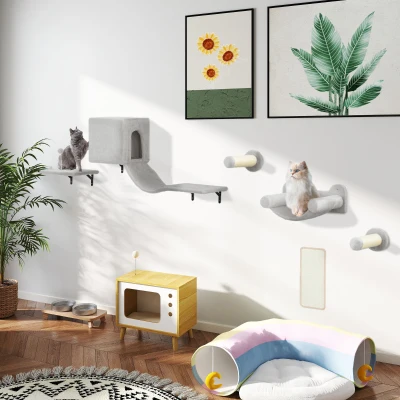 PawHut Conjunto de Prateleiras de Escalada para Gatos de 6 Peças com Placa para Arranhar e Poste de Sisal Cinzento