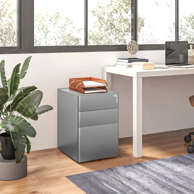 Vinsetto Caisson Bureau 3 Tiroirs Verrouillables Acier Gris