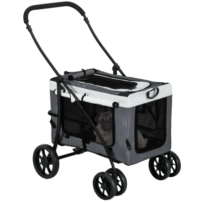 PawHut Cochecito para Perros Pequeños Plegable Cochecito para Mascotas con Vagón Desmontable 4 Puertas con Cremallera Gris