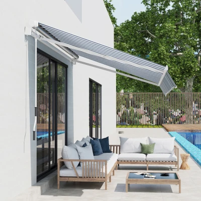 Outsunny Luifel aluminium knikarmluifel zonwering met handslinger 3,5 x 2,5 m grijs + wit
