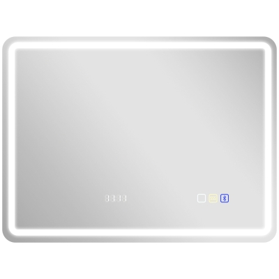 HOMCOM Espejo de Baño con Luz LED 80x60 cm con Bluetooth 3 Colores de Luz Reloj Digital Función Antivaho Función de Memoria