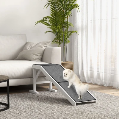 PawHut Rampa para Mascotas de Madera con Alfombra Antideslizante para Perros Pequeños o Mayores 152x40x50 cm Blanco y Gris