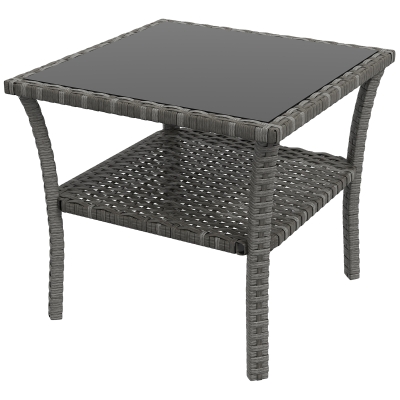 Outsunny Mesa de Jardín de Ratán PE Cuadrada 50x50x45 cm con Estante Encimera de Cristal y Marco de Acero Carga 30 kg Gris