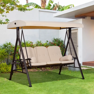 Outsunny Banco Baloiço de Jardim de 3 Lugares com Teto 2 Almofadas Suporte para Bebidas e Estrutura de Metal para Terraço Balcão Exterior Carga Máxima 360kg 207x120,5x174cm Bege
