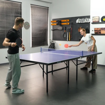 HOMCOM Mesa Dobrável de Ping Pong com Rede 152,5x274x76cm Tênis de Mesa e Material em Aço e MDF na cor Azul