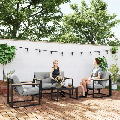 Outsunny Gartenmöbel Set 4 Personen wetterfest Balkonmöbel-Set mit 2er Sofa, Sessel Sitzkissen Hellgrau