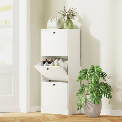 HOMCOM Zapatero con 3 Puertas Abatibles Estantes Ajustables y Diseño Compacto 47x28x115 cm Blanco Veteado