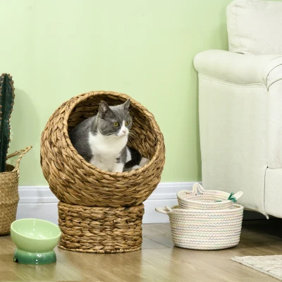PawHut Rattan Katzenkorb Katzenhöhle Katzenhütte Katzenbett mit Kissen Haustierbett Wasserhyazinthe Braun 42 x 33 x 52 cm