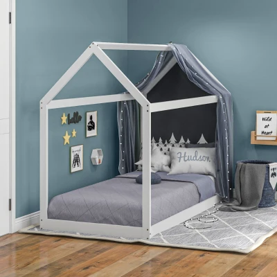 HOMCOM Cama Individual de 90x190 cm Somier de Madera en Forma de Casa Carga 120 kg para Dormitorio Blanco