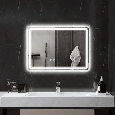 HOMCOM Espejo de Baño con Luz LED 70x50 cm con Bluetooth 3 Colores de Luz Reloj Digital Función Antivaho Función de Memoria