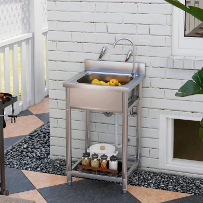 HOMCOM Stainless Steel Utility Sink with Shelf Silver Tone