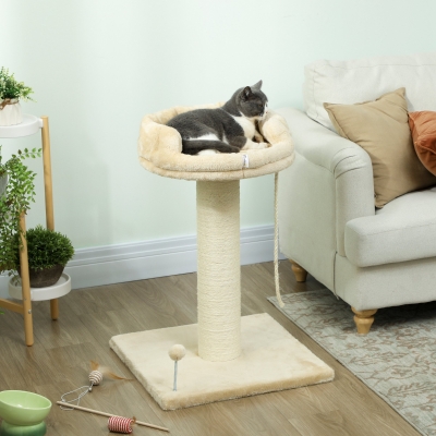 PawHut Arranhador para Gatos de 2 Níveis com Plataforma Bola com Mola Corda Suspensa e Poste de Sisal 55x55x83 cm Bege