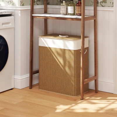 HOMCOM Cesto de Roupa com Tampa 100L de Bambu com 2 Compartimentos Bolsa Interior Amóvivel 52x32x63 cm Marrom e Creme