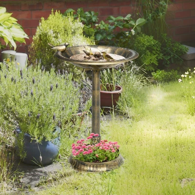 Outsunny Vogeltränke, Vogelbad mit Statue, Blumenmuster, 2 Becken, Kunststoff, antiker Look, 50B x 72H cm, Bronzefarben
