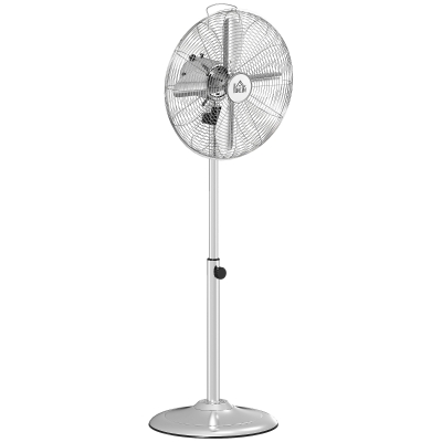 HOMCOM 120 cm Standventilator, Ventilator, Höhenverstellbarer Lüfter, 3 Geschwindigkeitsstufen, Verstellbarer Neigungswinkel, Stahl, Silber