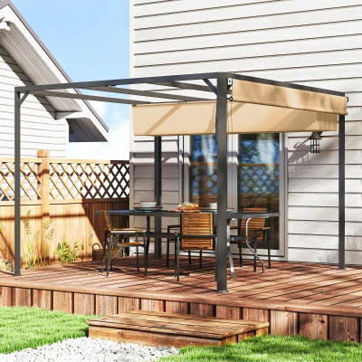 Outsunny Pérgola Retráctil de Aluminio 3x3 m con Techo Ajustable Cortina Enrollable y Protección UV para Jardín o Terraza Caqui