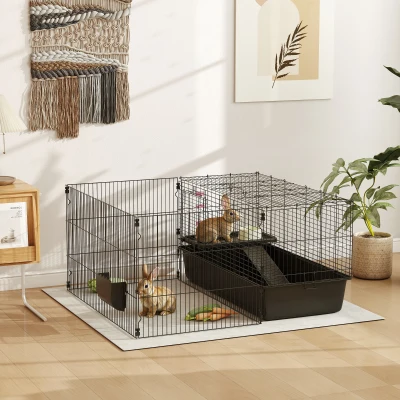 PawHut Kleintierkäfig mit abnehmbaren Gehege, Laufgitter mit Stall, inkl. Zubehör, Schwarz