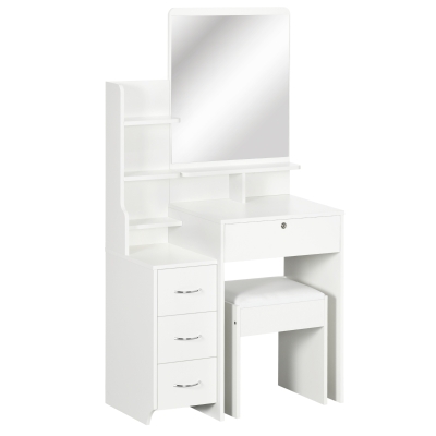 HOMCOM Coiffeuse avec Tabouret, Miroir, Étagères et 4 Tiroirs Blanc
