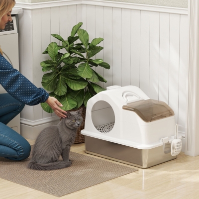 PawHut Arenero para Gatos Cubierto con Bandeja de Acero Inoxidable Tapa Extraíble Bordes Altos Fácil de Limpiar Blanco