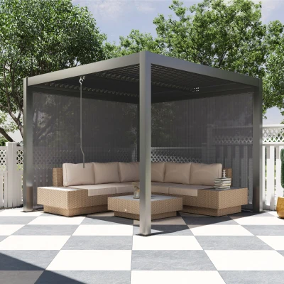 Outsunny Pergola Aluminium 3x3m avec Rideaux Gris Extérieur