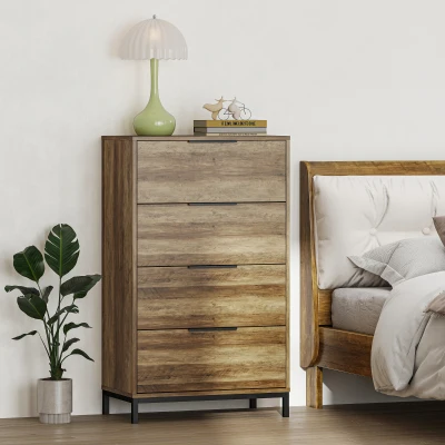HOMCOM Cómoda de 4 Gavetas Cómoda para Dormitório Alta com Puxadores Metálicos Cómoda Estreita para 62x35x105 cm Castanho Rústico