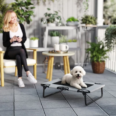 PawHut Portable Raised Dog Bed, Elevated Pet Cot with Breathable Mesh for Indoor Outdoor, for Small Medium Dogs, Light Grey